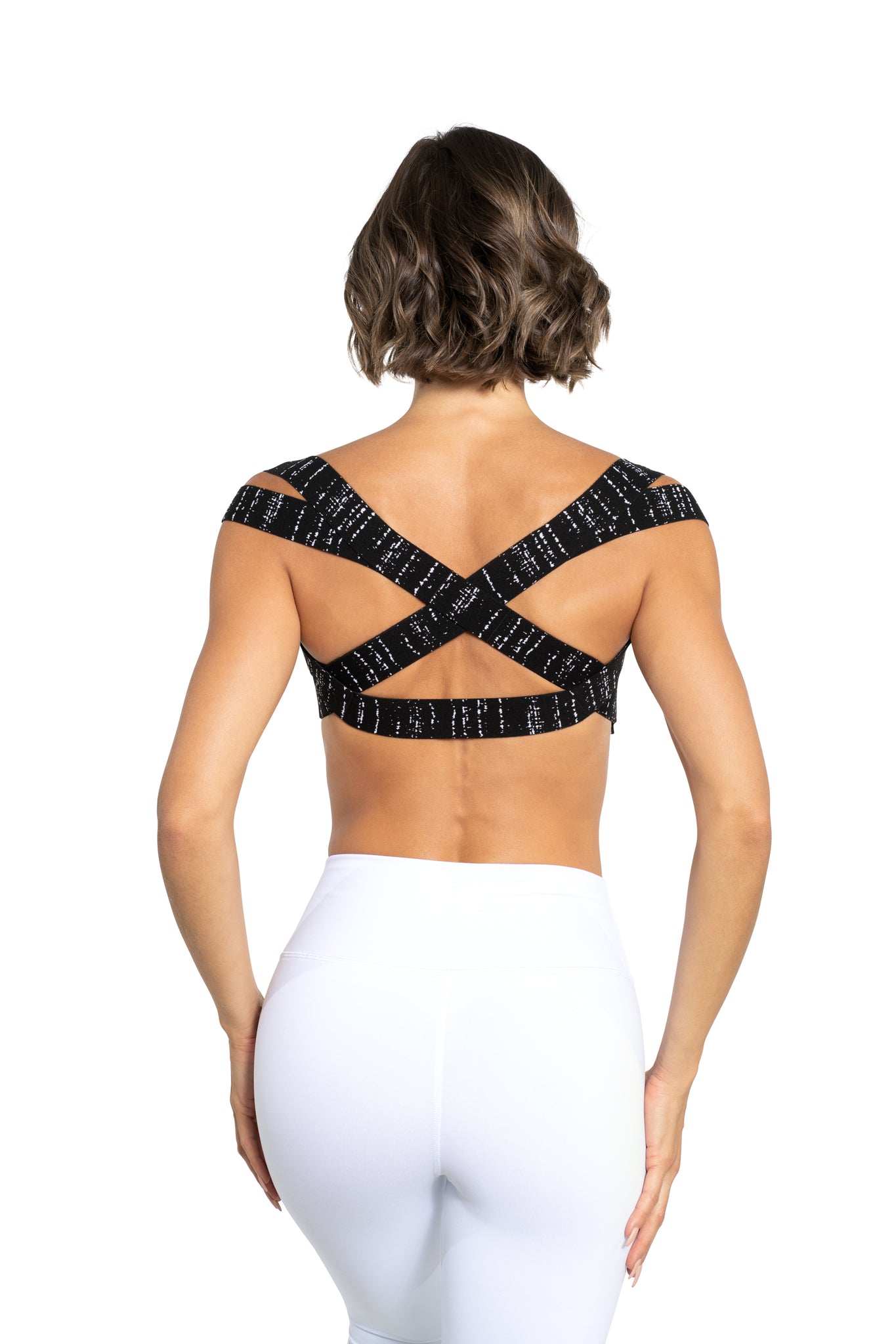 Back Posture Corrector for Women | Black Drizzle Back Side on Model