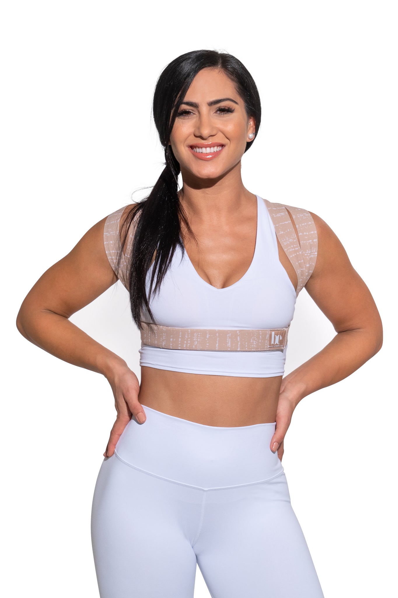 Back Posture Corrector for Women | Sand Drizzle Front Side on Model