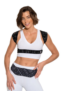 Woman wearing BackEmbrace Posture Corrector for Women Posture corrector and BANDI Pocketed Belt 